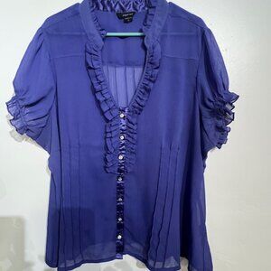 Paper Tee Woman's Purple Button-Up Blouse, Ruffled Decolletage Plus Size 3X